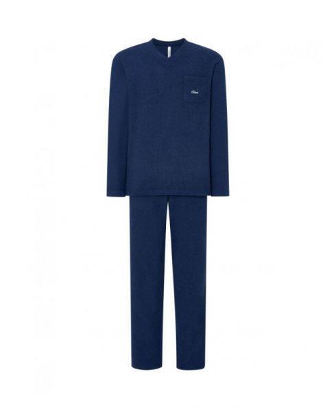 Men's long pyjamas, plain navy fabric, V-neck, plain long trousers.