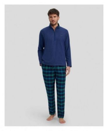 Man in winter pyjamas with blue plain jacket and green checkered trousers