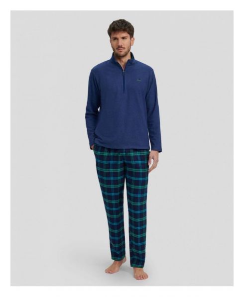 Man in winter pyjamas with blue plain jacket and green checkered trousers