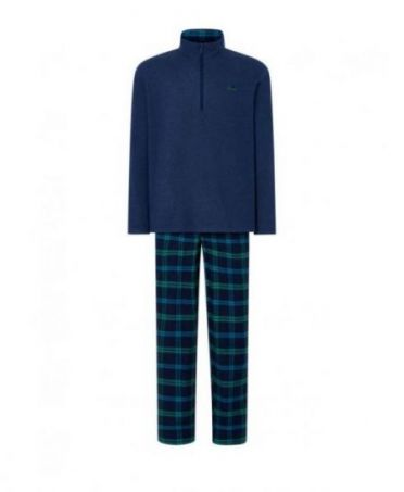 Men's long pyjamas, plain jacket, high collar with zip, long trousers with check print and pockets.