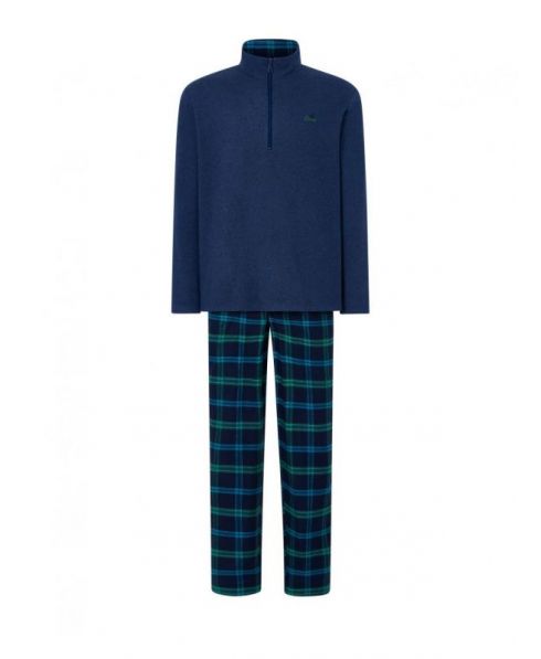 Men's long pyjamas, plain jacket, high collar with zip, long trousers with check print and pockets.