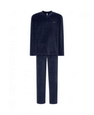 Men's long pyjamas, plain navy velvet fabric, V-neck, plain velvet long trousers.