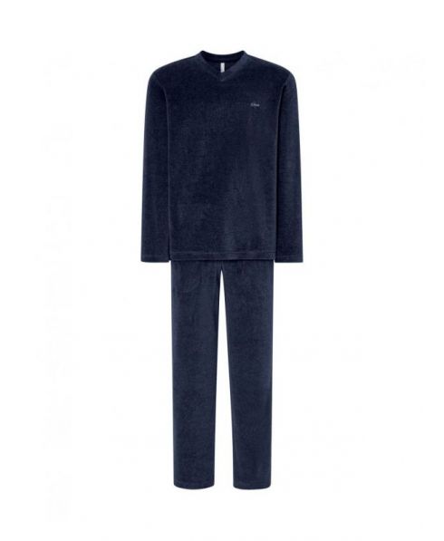 Men's long pyjamas, plain navy velvet fabric, V-neck, plain velvet long trousers.