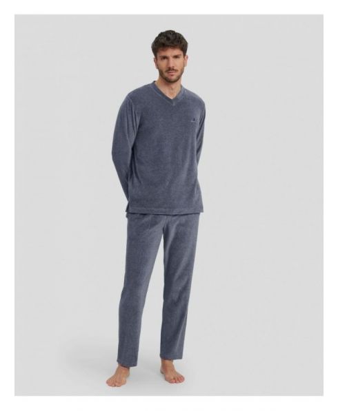 Men's long sleeved men's pyjamas in grey plain velour with long sleeves with pockets