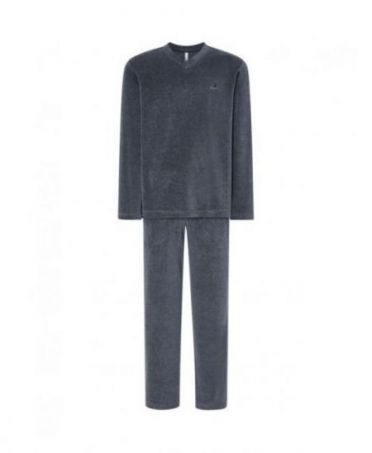 Men's long pyjamas, plain grey velvet fabric, V-neck, plain velvet long trousers.