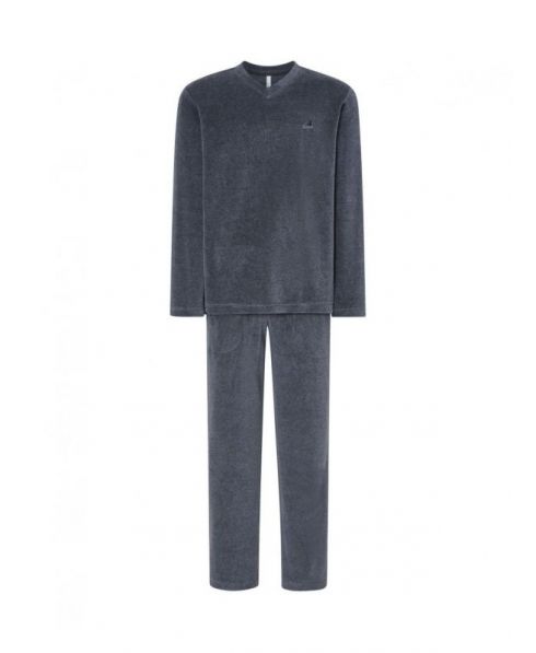 Men's long pyjamas, plain grey velvet fabric, V-neck, plain velvet long trousers.