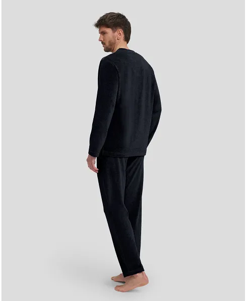 Rear view of men's navy plain velour pyjama bottoms