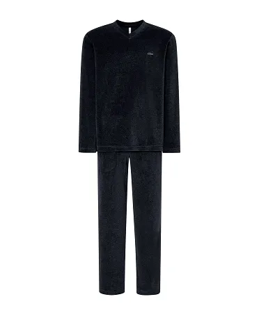 Men's long pyjamas, navy plain velvet fabric, V-neck, plain velvet long trousers.