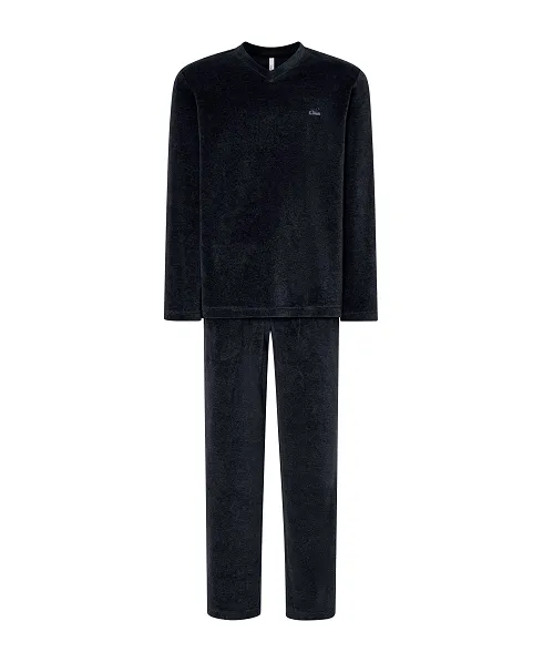 Men's long pyjamas, navy plain velvet fabric, V-neck, plain velvet long trousers.