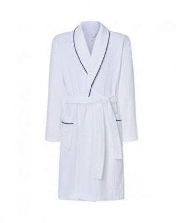 Men's long bathrobe, dinner jacket collar with piping, double breasted with plaston pockets.