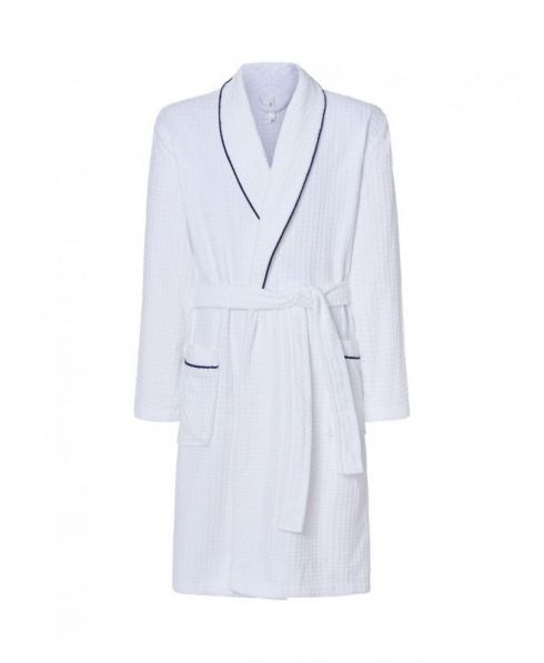 Men's long bathrobe, dinner jacket collar with piping, double breasted with plaston pockets.