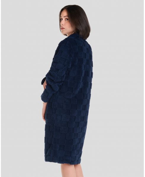 Rear view of navy checkered jacquard women's long dressing gown