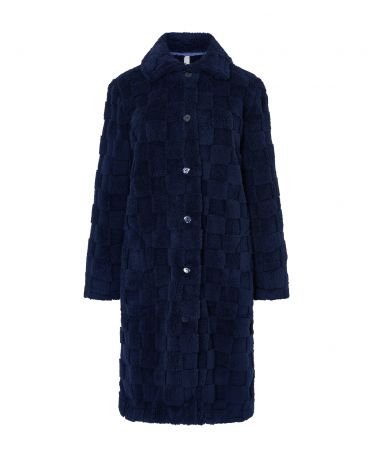 Women's long coat, checked jacquard, open with buttons and side pockets.