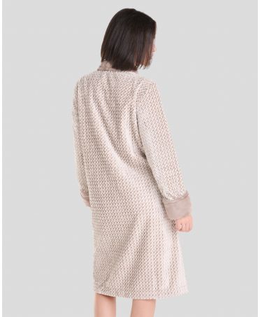 Women's long grey winter coat in jacquard jersey with herringbone pattern