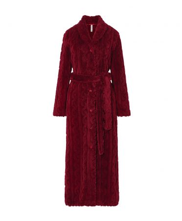 Women's long coat, open braid jacquard with buttons and belt, side pockets.