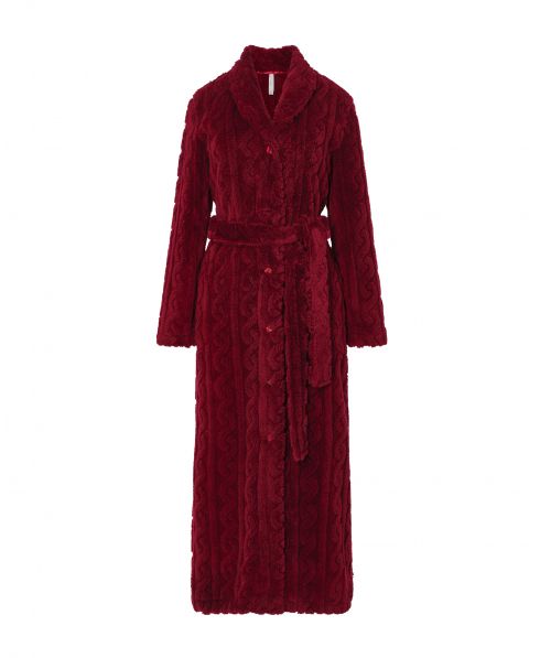 Women's long coat, open braid jacquard with buttons and belt, side pockets.