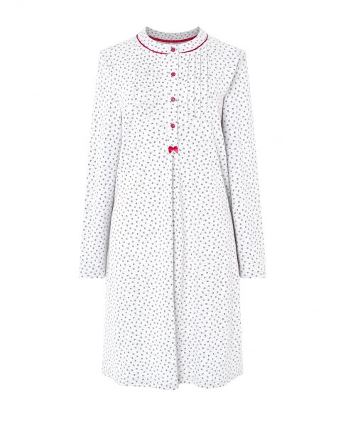 Women's long nightdress, floral print, round neck with buttons, long sleeves.