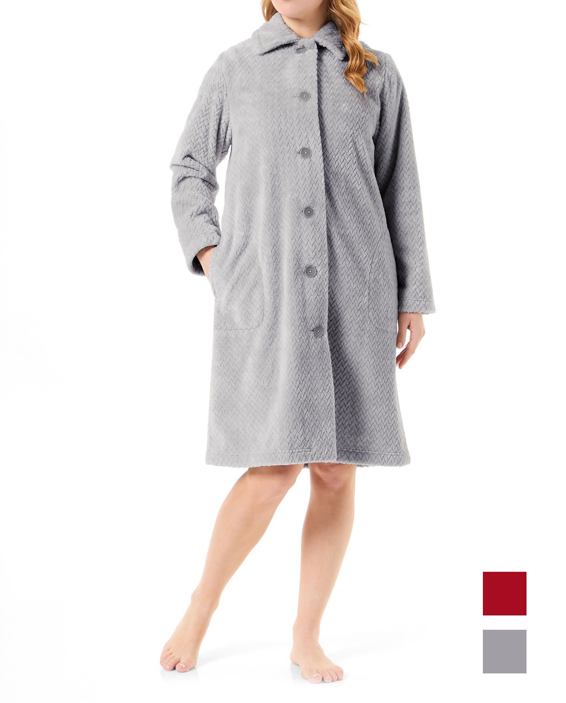 Women's grey herringbone woven long dressing gown with side pockets.