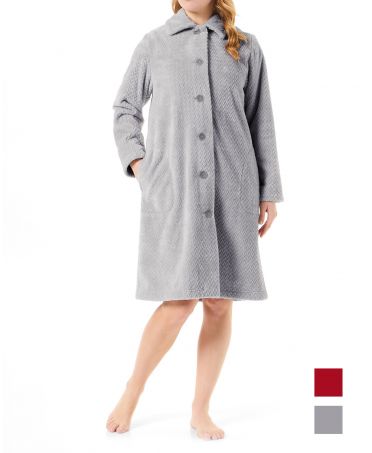 Women's grey herringbone woven long dressing gown with side pockets.