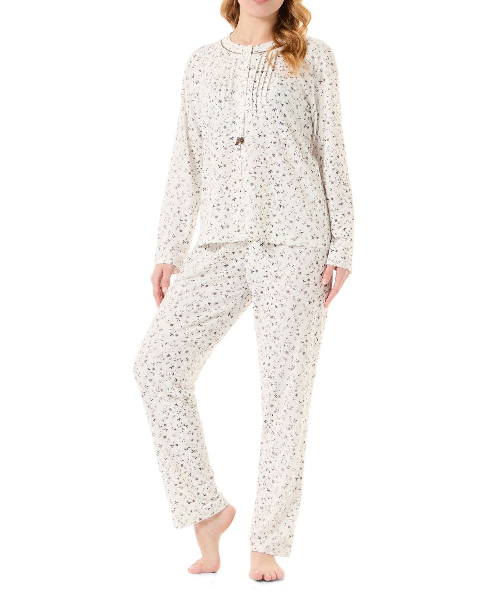 Women's long pyjamas with long sleeves and round neck, with flowers