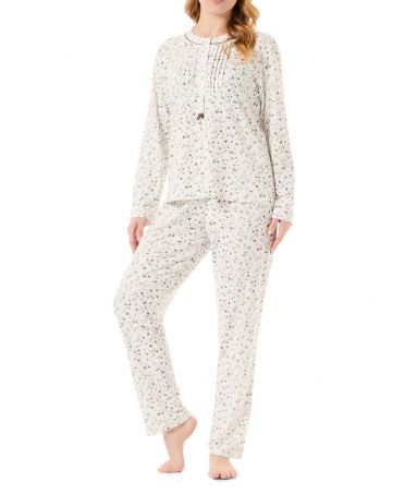 Women's long pyjamas with long sleeves and round neck, with flowers