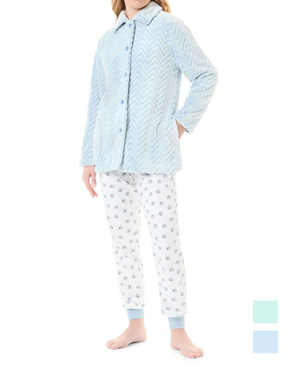 Woman in light blue Zig Zag winter short dressing gown