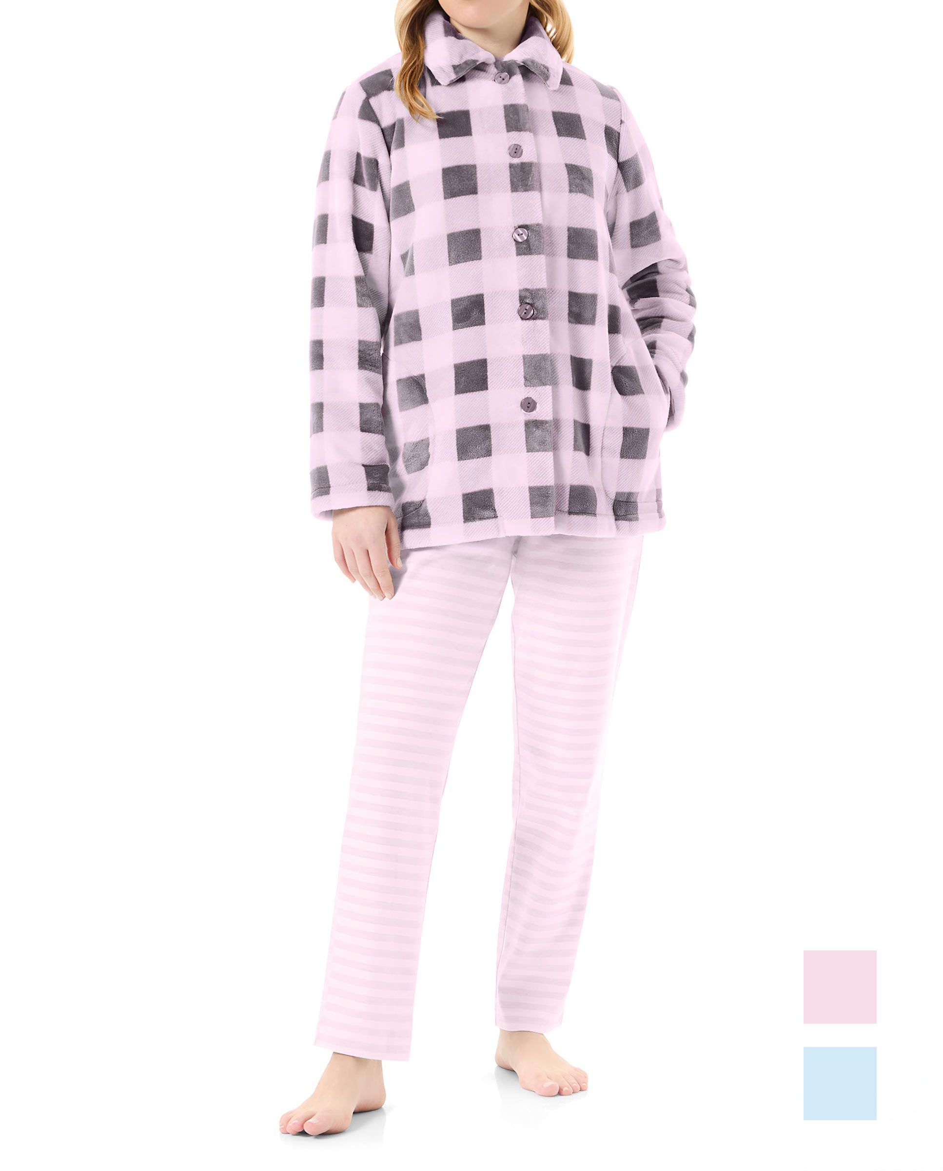 Woman in short pink plaid women's dressing gown