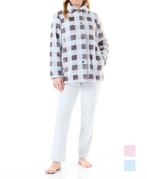 Woman in light blue checked women's short dressing gown