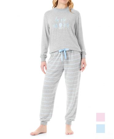 Women's long pyjamas, long sleeves, cuffs and round neck with striped long trousers