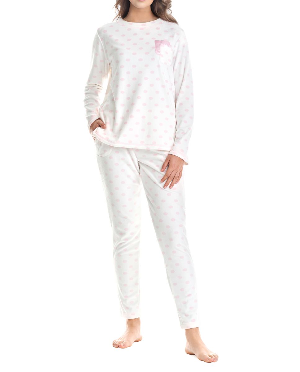 Women's long winter pyjamas closed with pink polka dots and round neckline