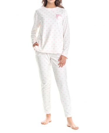 Women's long winter pyjamas closed with pink polka dots and round neckline