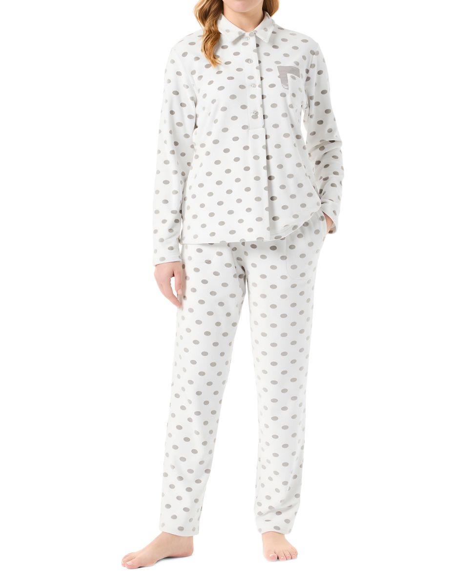 Women's long velvet pyjamas open jacket with polka dot pattern