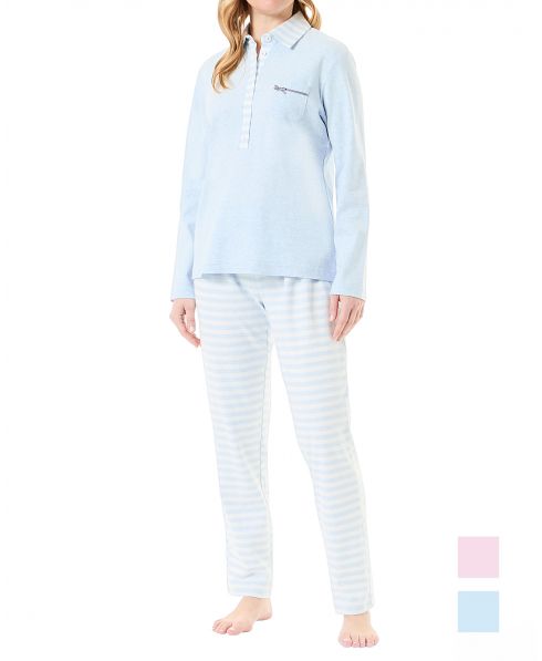 Women's long-sleeved winter pyjamas long-sleeved jacket with open polo neck in light blue stripes