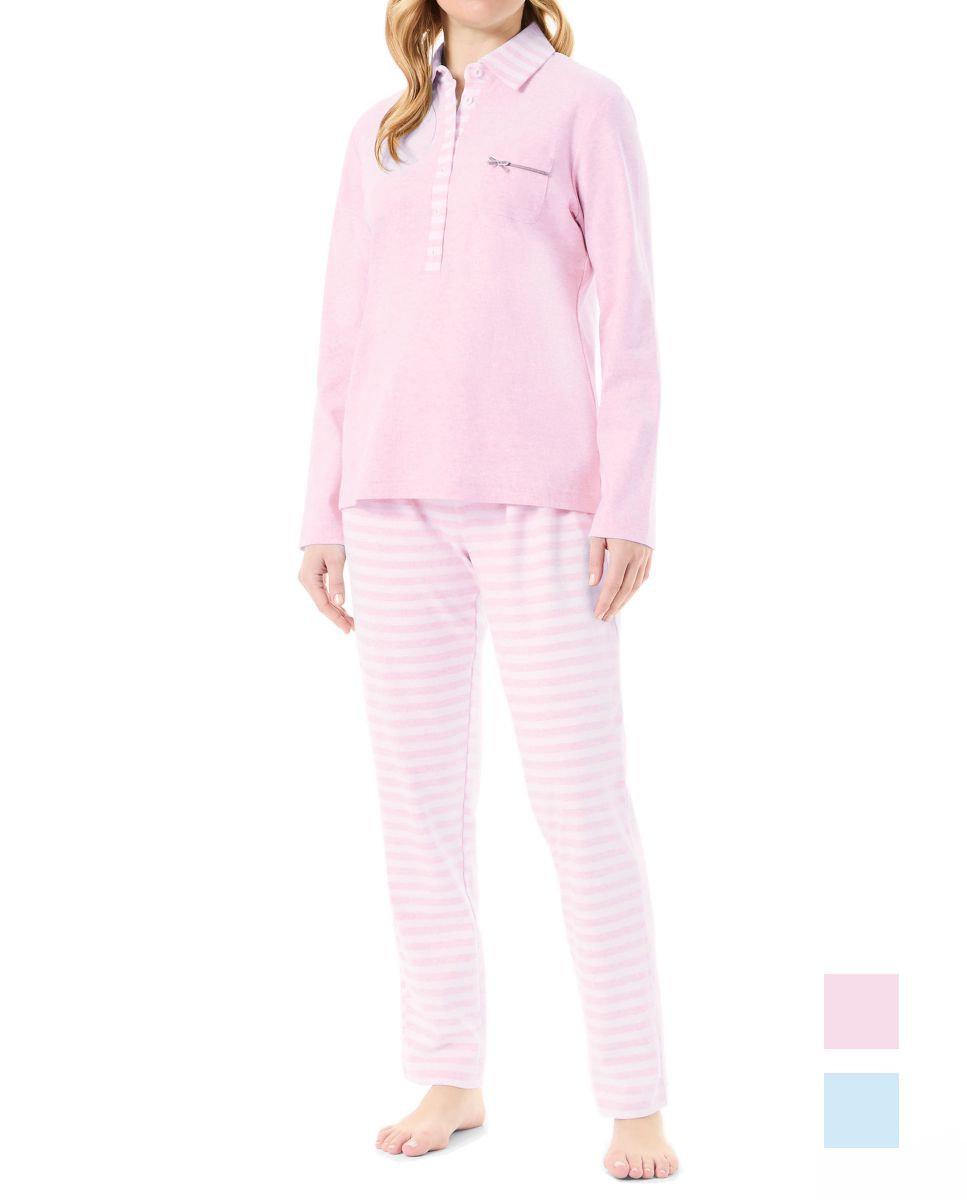 Women's long sleeve winter pyjamas long sleeve jacket with open polo neck pink striped jacket