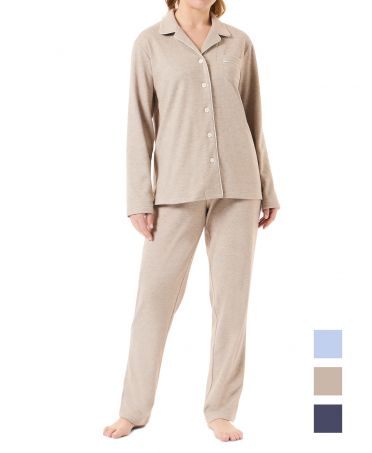 Women's brown long pyjamas with long sleeve jacket, open with buttons with piping, and long trousers with piping.