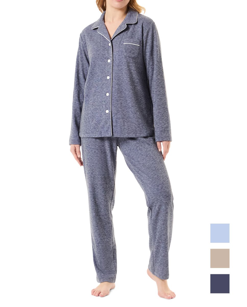 Women's navy long pyjamas with long sleeve jacket, open with buttons with piping, and long trousers with piping.