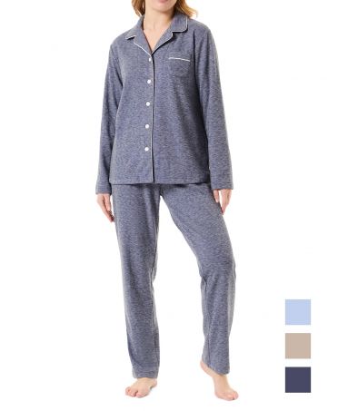 Women's navy long pyjamas with long sleeve jacket, open with buttons with piping, and long trousers with piping.