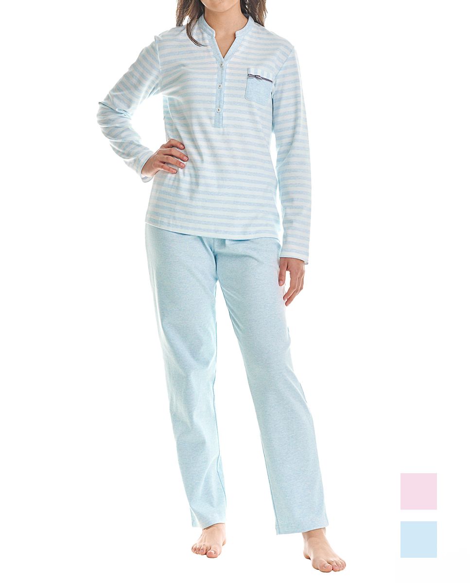 Women's pyjamas striped V-neck button down jacket light blue stripes