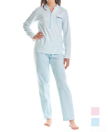 Women's pyjamas striped V-neck button down jacket light blue stripes