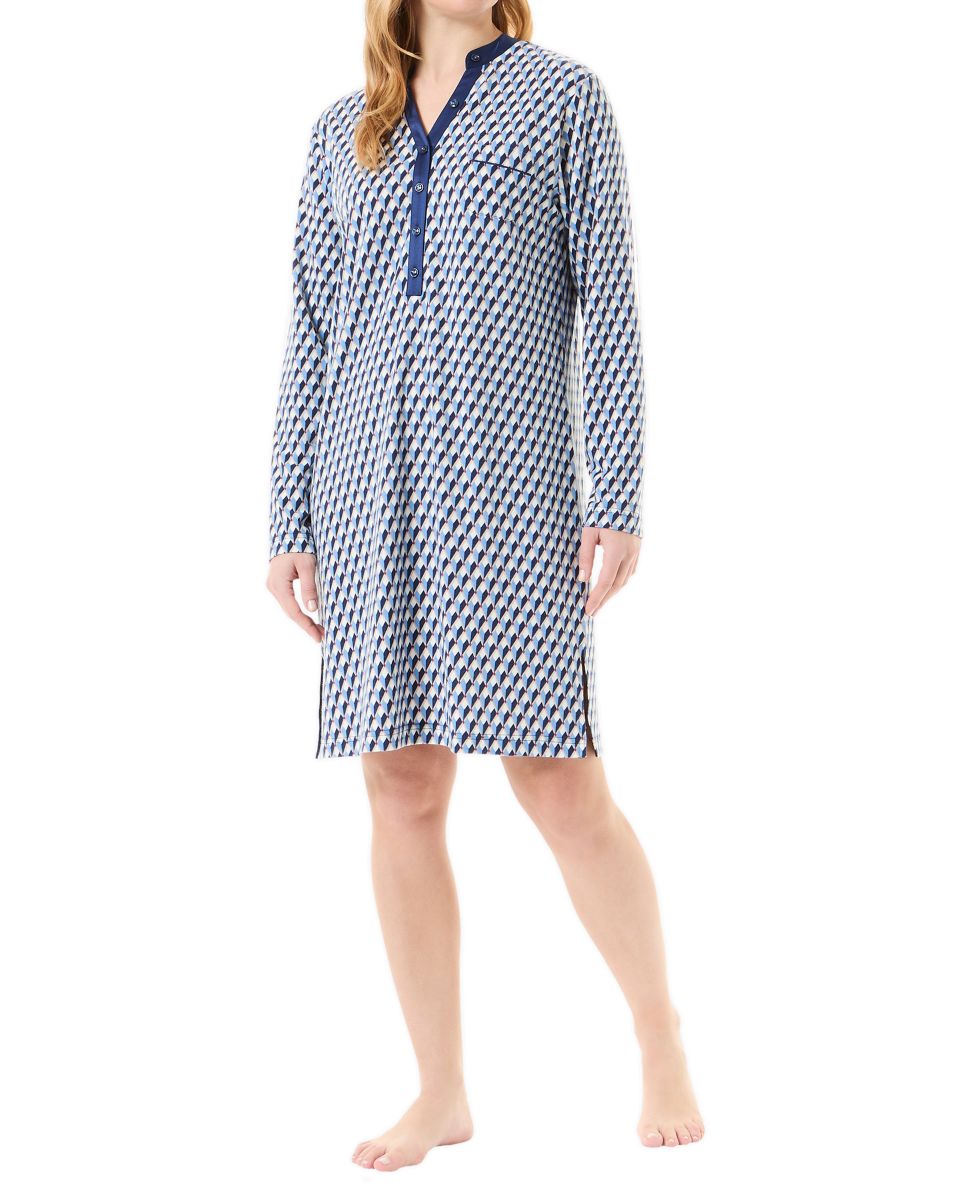 Women's long-sleeved, long-sleeved, diamond-printed nightdress, V-neck with buttons.