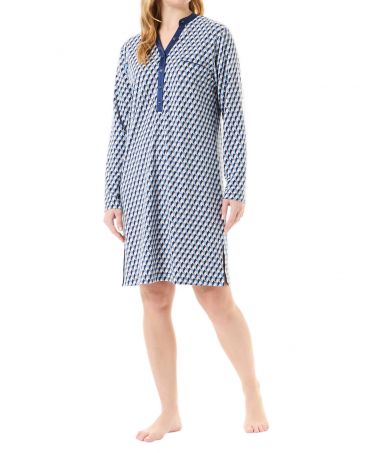 Women's long-sleeved, long-sleeved, diamond-printed nightdress, V-neck with buttons.