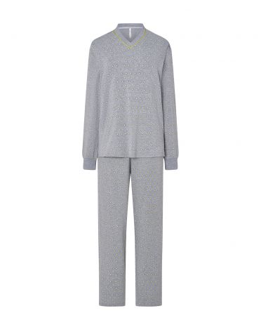 Women's long pyjamas, diamond pattern jacket, V-neck, long sleeves with cuffs, diamond pattern trousers.