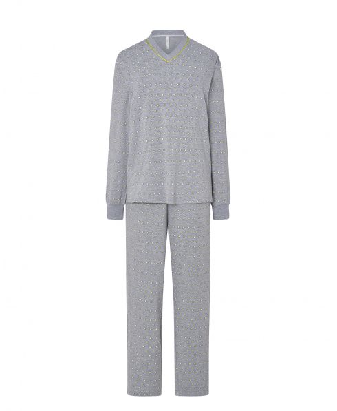 Women's long pyjamas, diamond pattern jacket, V-neck, long sleeves with cuffs, diamond pattern trousers.