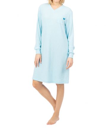 Women's short nightdress for winter in light blue ribbing