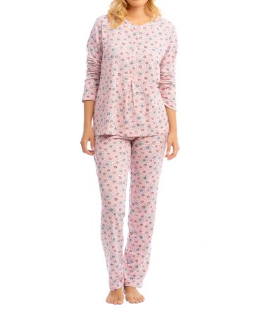 Pijama largo de invierno para mujer abierto con  estampado flores rosa