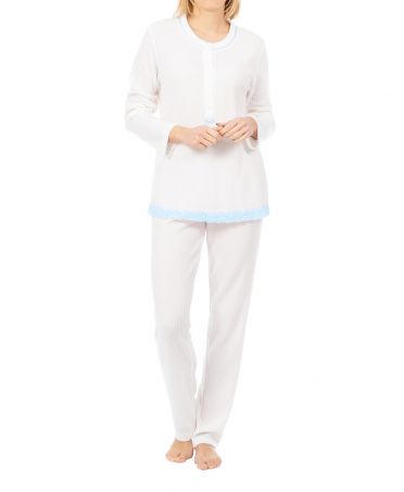 Lingerie long pyjamas with light blue lace winter woman's pyjamas