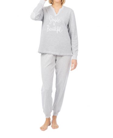 Pijama de invierno de manga larga gris a rayas para mujer