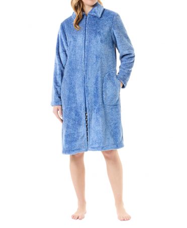 Women's long winter dressing gown with side pockets and zip in blue vigoré