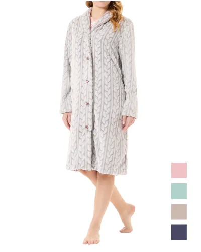 Women's long brown jaquard buttoned coat in plaited fabric with side pockets