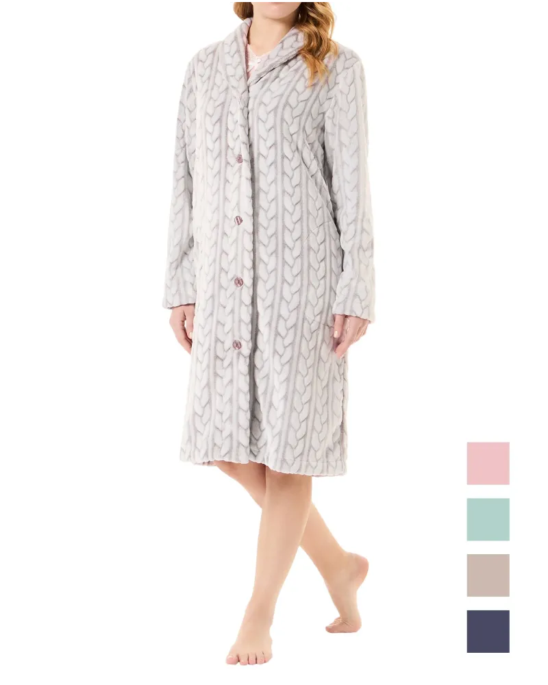 Women's long brown jaquard buttoned coat in plaited fabric with side pockets